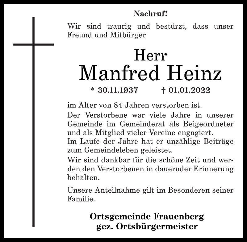  Traueranzeige für Manfred Heinz vom 21.01.2022 aus Nahe-Zeitung