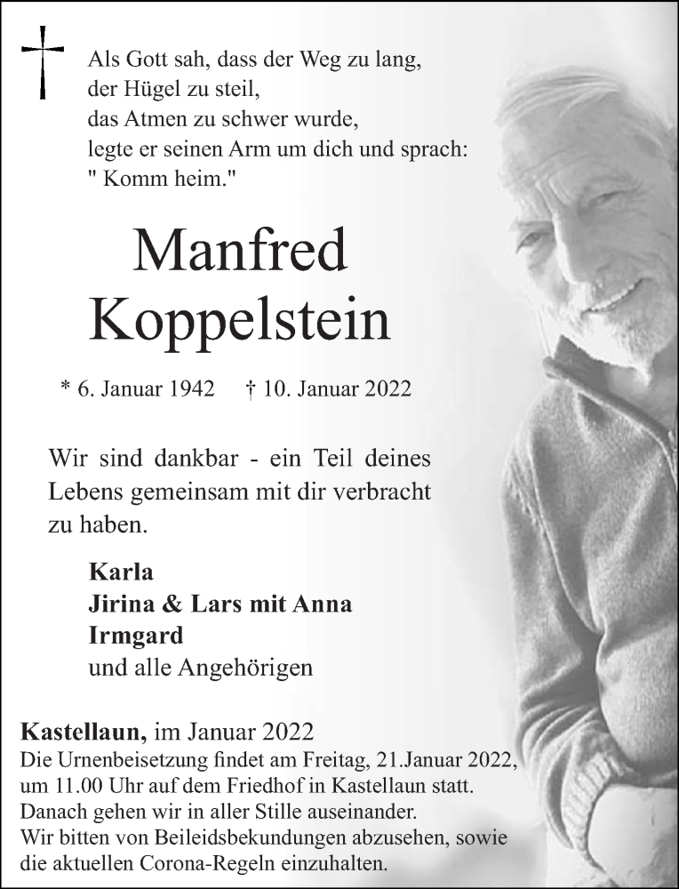  Traueranzeige für Manfred Koppelstein vom 15.01.2022 aus Rhein-Hunsrück-Zeitung