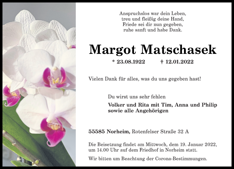  Traueranzeige für Margot Matschasek vom 15.01.2022 aus Oeffentlicher Anzeiger