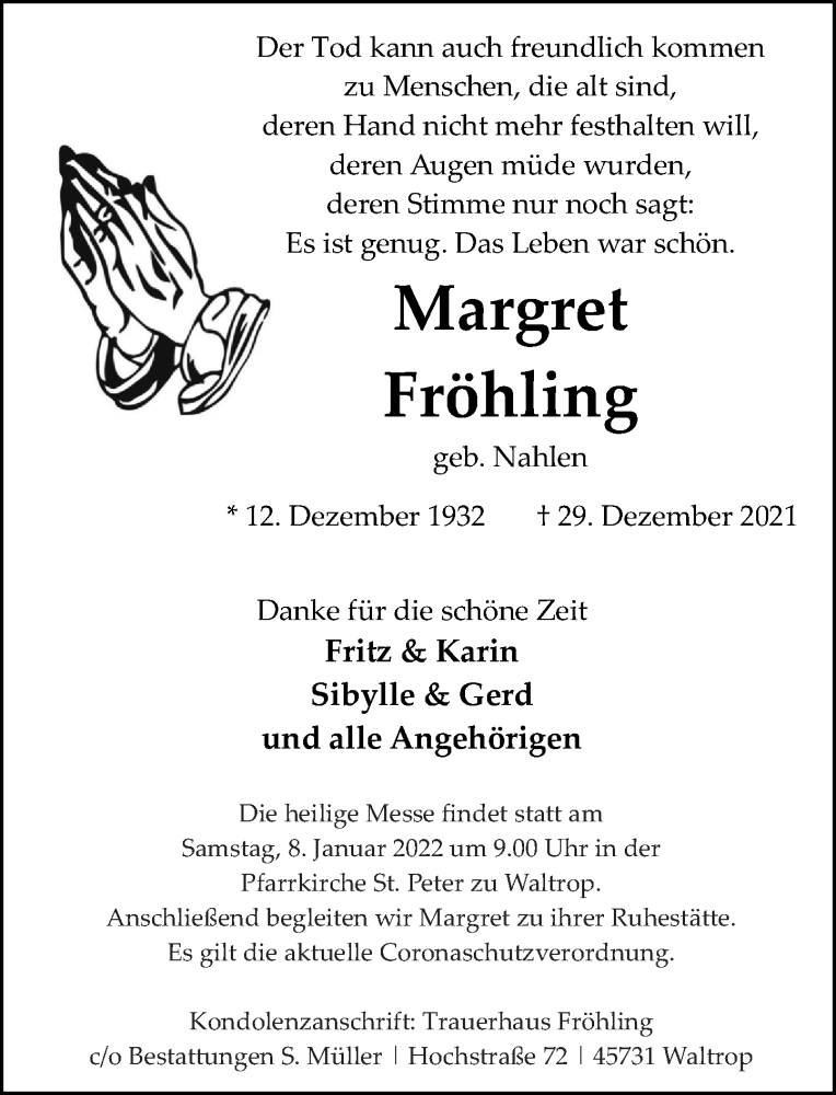  Traueranzeige für Margret Fröhling vom 07.01.2022 aus Rhein-Zeitung