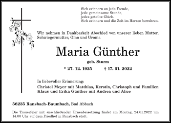 Traueranzeige von Maria Günther von Westerwälder Zeitung