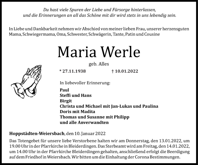  Traueranzeige für Maria Werle vom 12.01.2022 aus Nahe-Zeitung