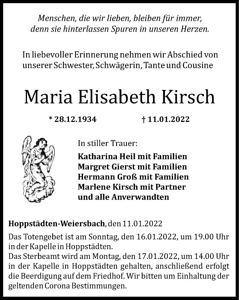  Traueranzeige für Maria Elisabeth Kirsch vom 14.01.2022 aus Nahe-Zeitung