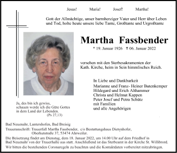 Traueranzeige von Martha Fassbender von Rhein-Zeitung