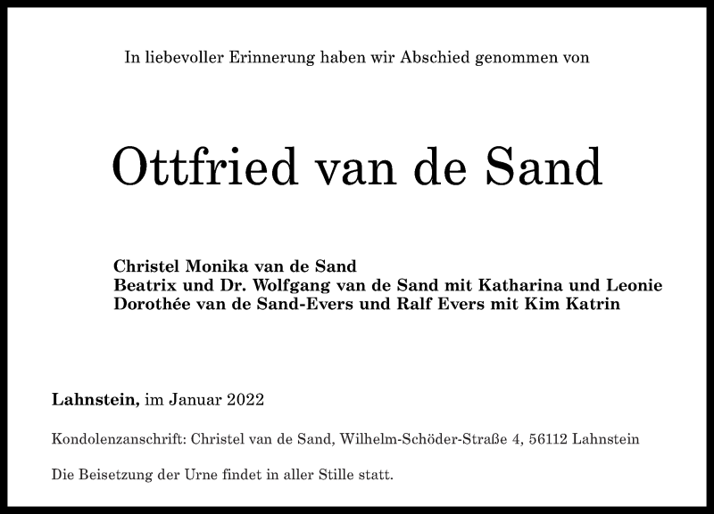  Traueranzeige für Ottfried van de Sand vom 22.01.2022 aus Rhein-Lahn-Zeitung