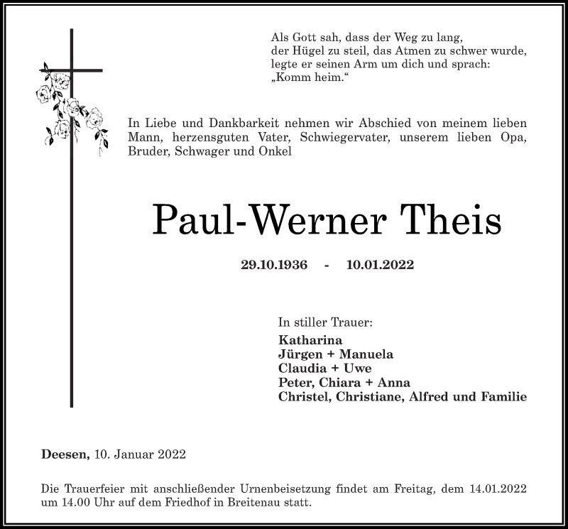  Traueranzeige für Paul-Werner Theis vom 12.01.2022 aus Westerwälder Zeitung