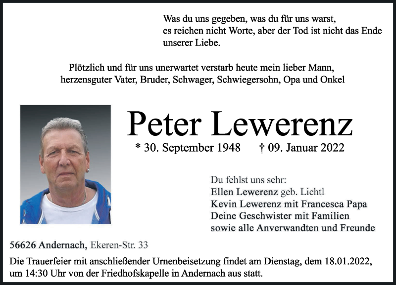  Traueranzeige für Peter Lewerenz vom 15.01.2022 aus Rhein-Zeitung
