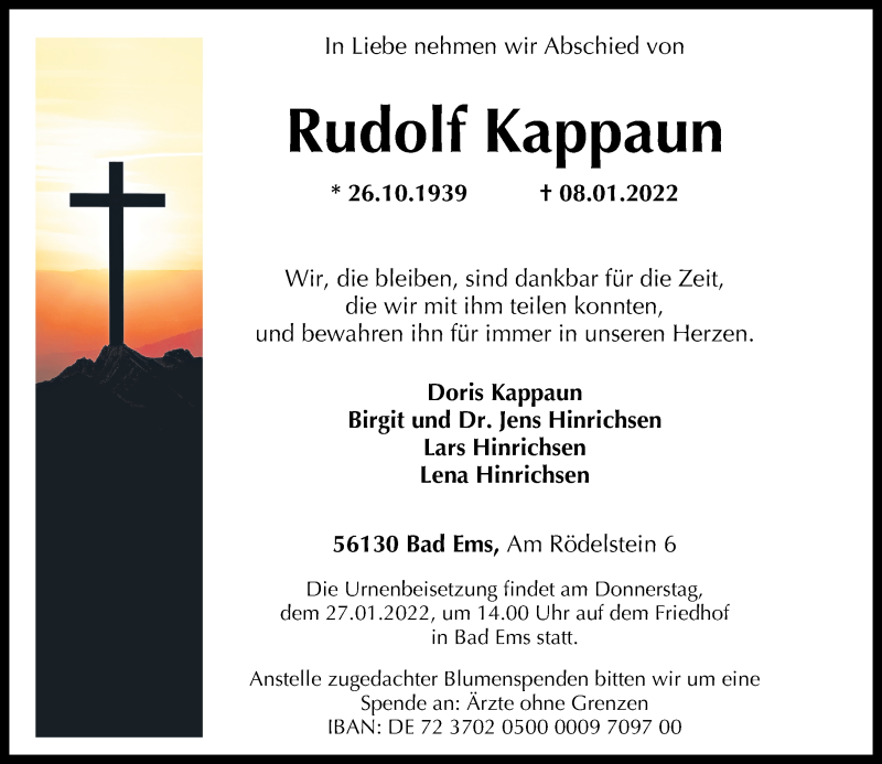  Traueranzeige für Rudolf Kappaun vom 15.01.2022 aus Rhein-Lahn-Zeitung
