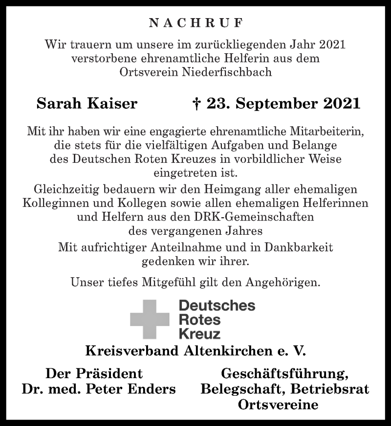  Traueranzeige für Sarah Kaiser vom 14.01.2022 aus Rhein-Zeitung