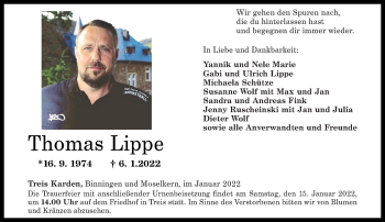 Traueranzeige von Thomas Lippe von Rhein-Zeitung