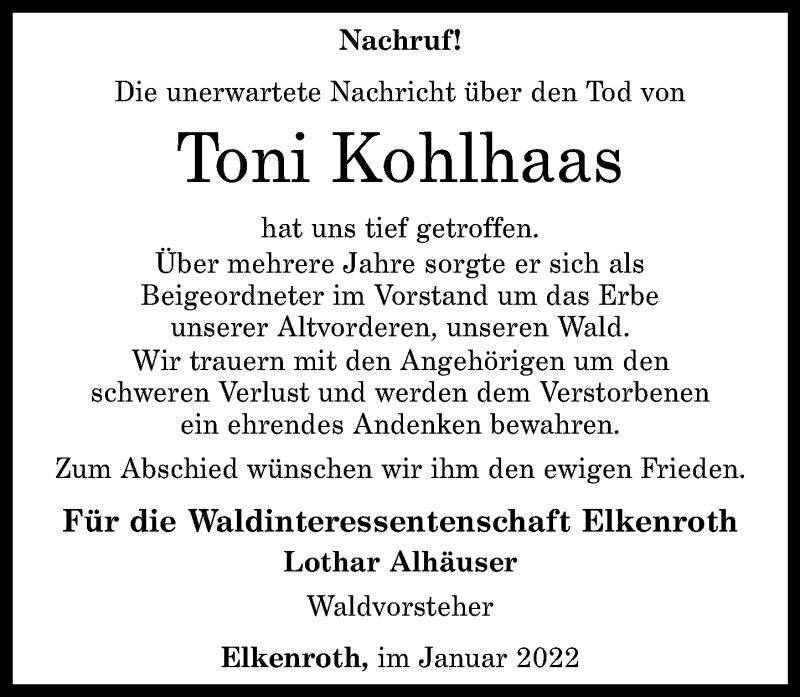  Traueranzeige für Toni Kohlhaas vom 17.01.2022 aus Rhein-Zeitung
