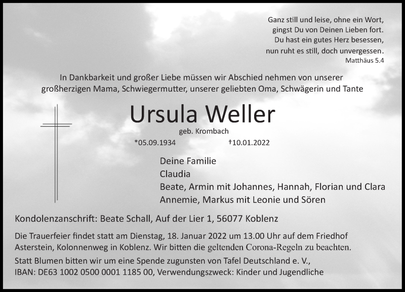  Traueranzeige für Ursula Weller vom 15.01.2022 aus Rhein-Zeitung