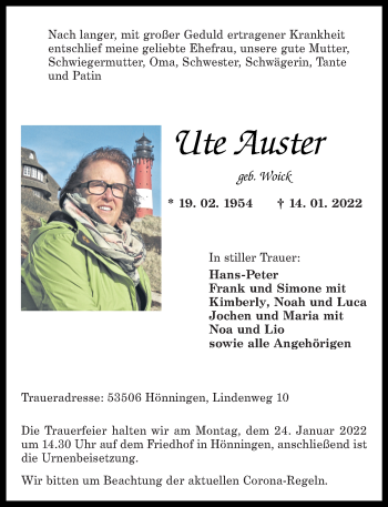 Traueranzeige von Ute Auster von Rhein-Zeitung