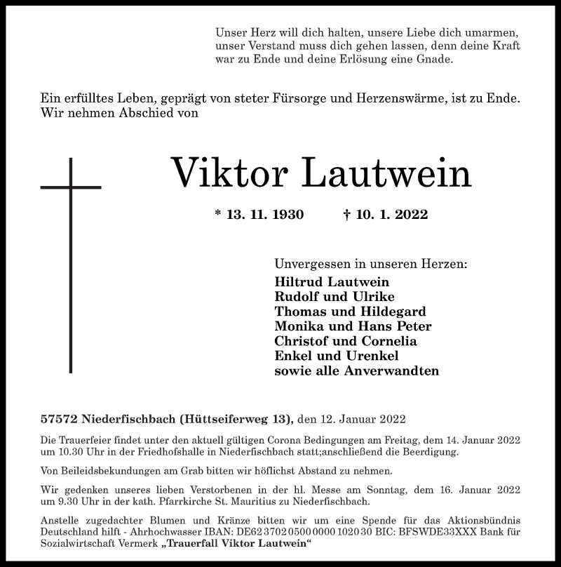  Traueranzeige für Viktor Lautwein vom 12.01.2022 aus Rhein-Zeitung