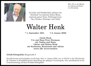 Traueranzeige von Walter Henk von Rhein-Zeitung