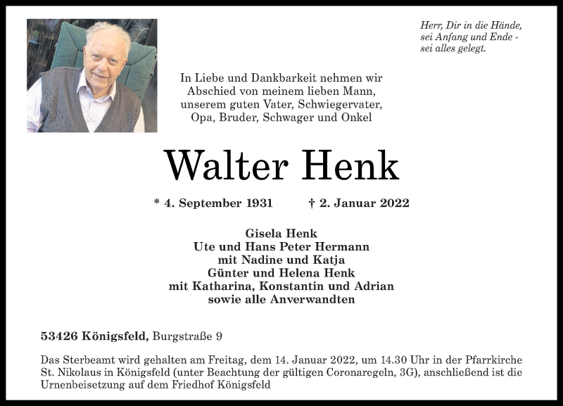  Traueranzeige für Walter Henk vom 08.01.2022 aus Rhein-Zeitung
