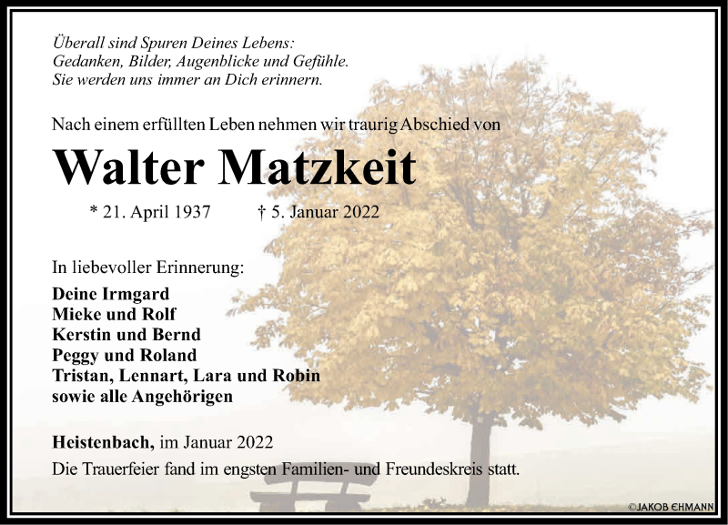  Traueranzeige für Walter Matzkeit vom 15.01.2022 aus Rhein-Lahn-Zeitung