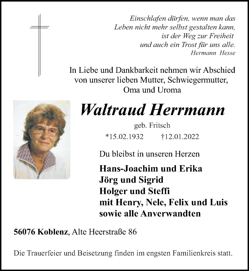  Traueranzeige für Waltraud Herrmann vom 15.01.2022 aus Rhein-Zeitung