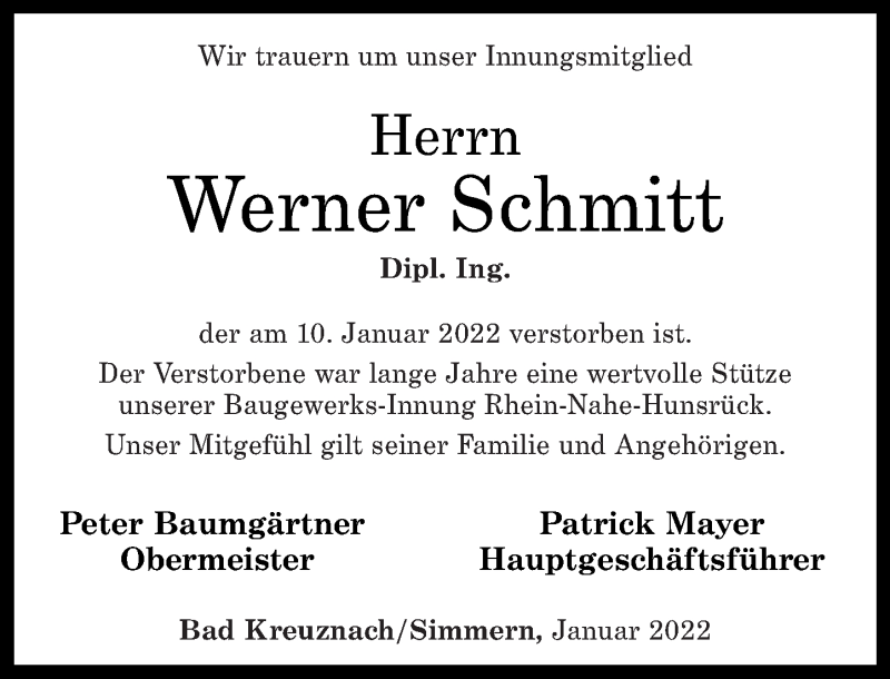  Traueranzeige für Werner Schmitt vom 20.01.2022 aus Rhein-Hunsrück-Zeitung