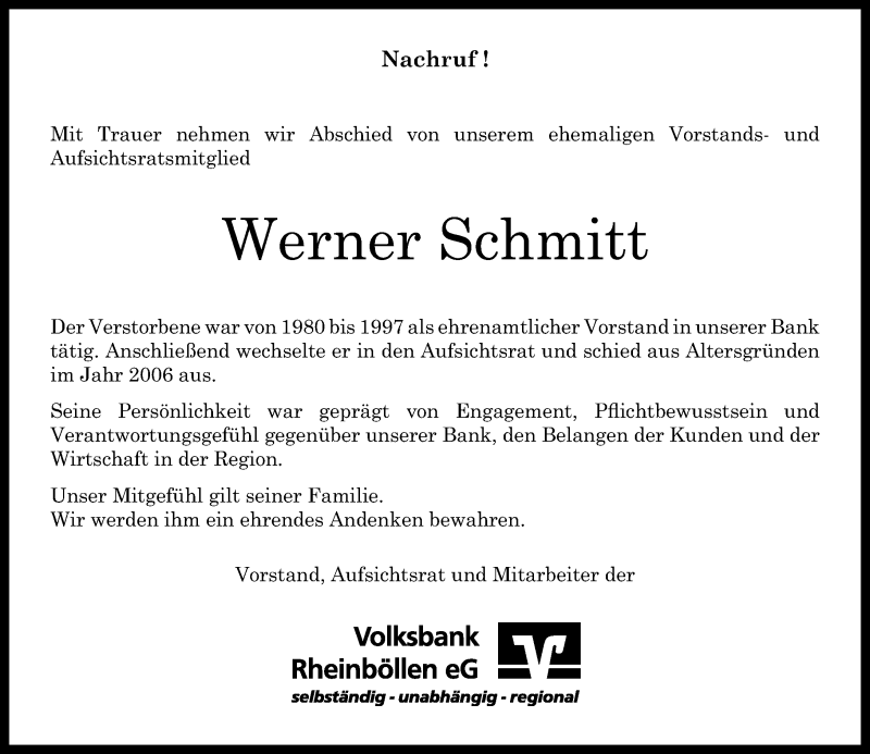 Traueranzeige für Werner Schmitt vom 15.01.2022 aus Rhein-Hunsrück-Zeitung