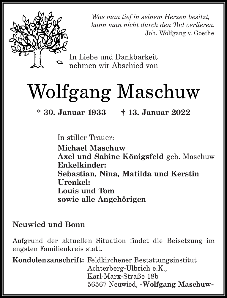  Traueranzeige für Wolfgang Maschuw vom 15.01.2022 aus Rhein-Zeitung