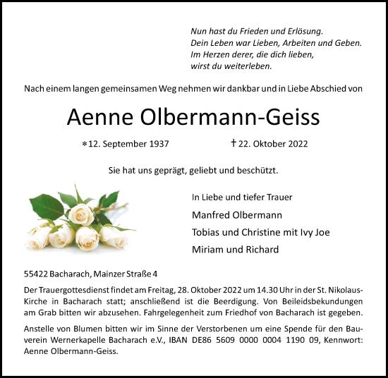 Traueranzeige von Aenne Olbermann-Geiss von Rhein-Hunsrück-Zeitung