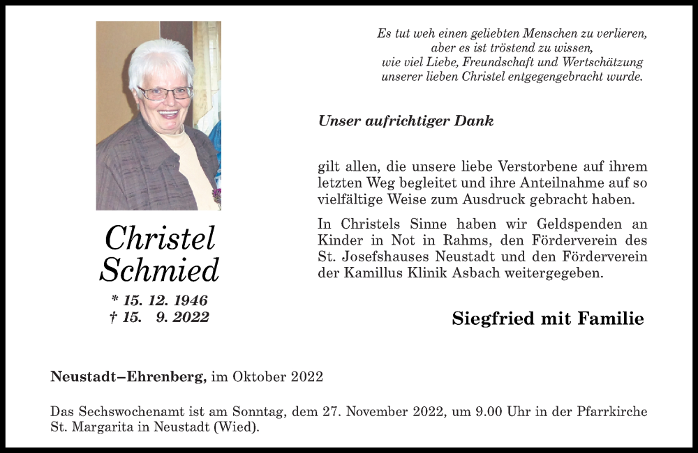 Traueranzeige für Christel Schmied vom 29.10.2022 aus Rhein-Zeitung