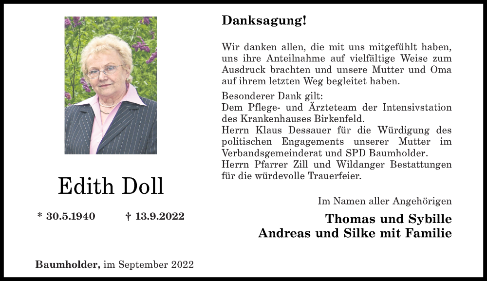  Traueranzeige für Edith Doll vom 01.10.2022 aus Nahe-Zeitung