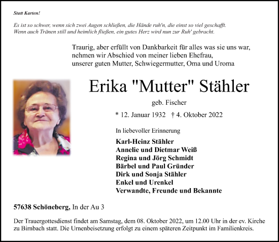 Traueranzeige von Erika Stähler von Rhein-Zeitung