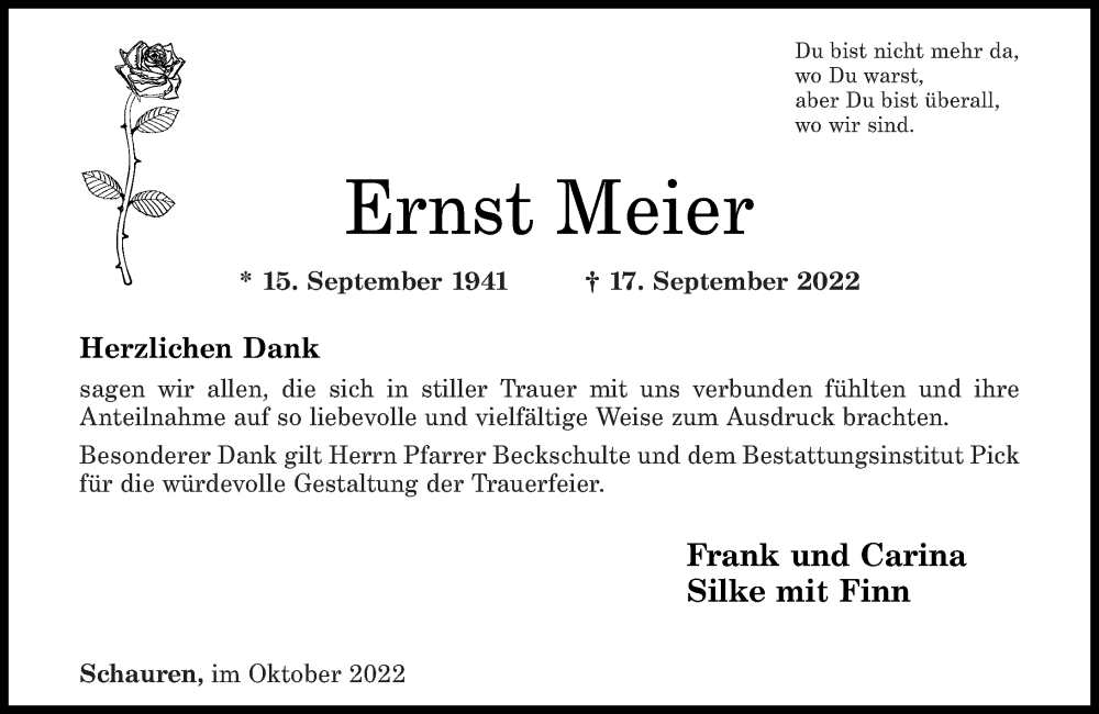  Traueranzeige für Ernst Meier vom 13.10.2022 aus Nahe-Zeitung