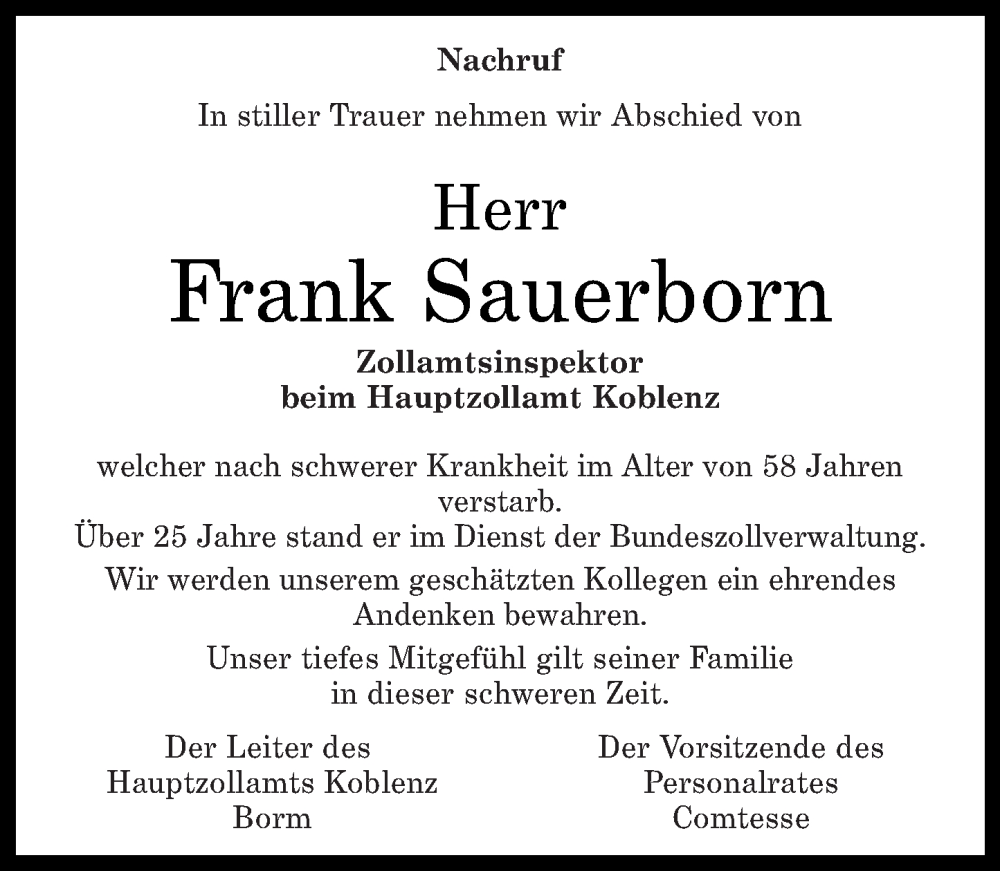  Traueranzeige für Frank Sauerborn vom 08.10.2022 aus Rhein-Zeitung