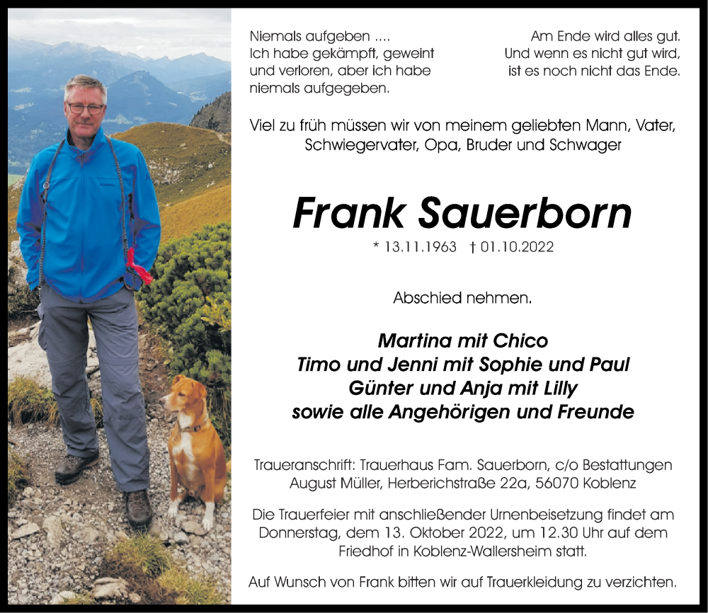  Traueranzeige für Frank Sauerborn vom 08.10.2022 aus Rhein-Zeitung