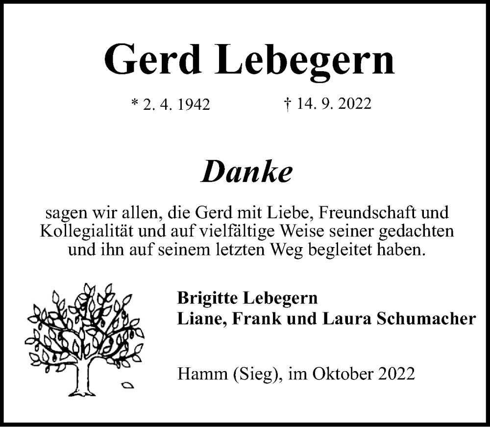  Traueranzeige für Gerd Lebegern vom 22.10.2022 aus Rhein-Zeitung