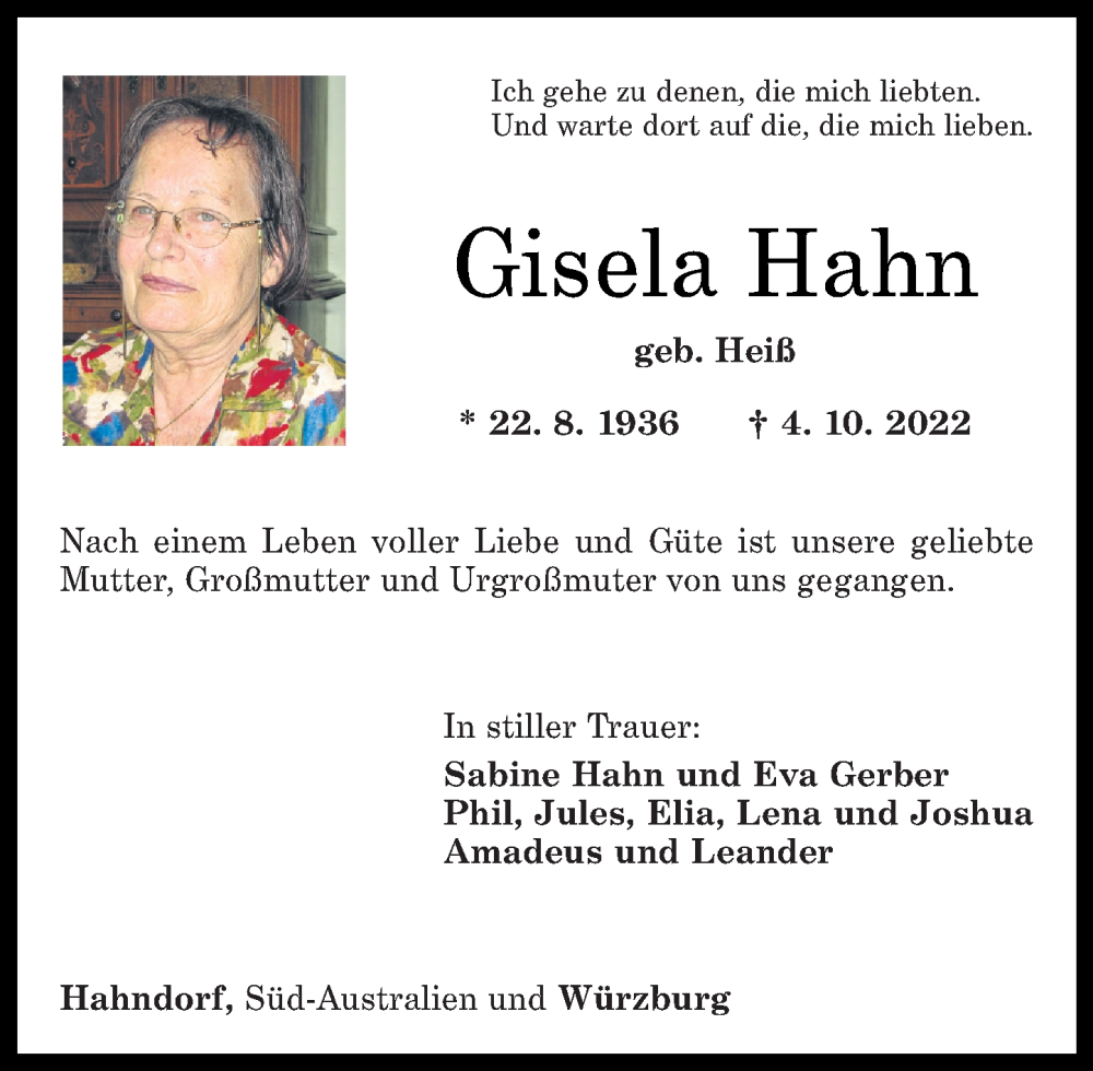 Traueranzeigen von Gisela Hahn | rz-trauer.de