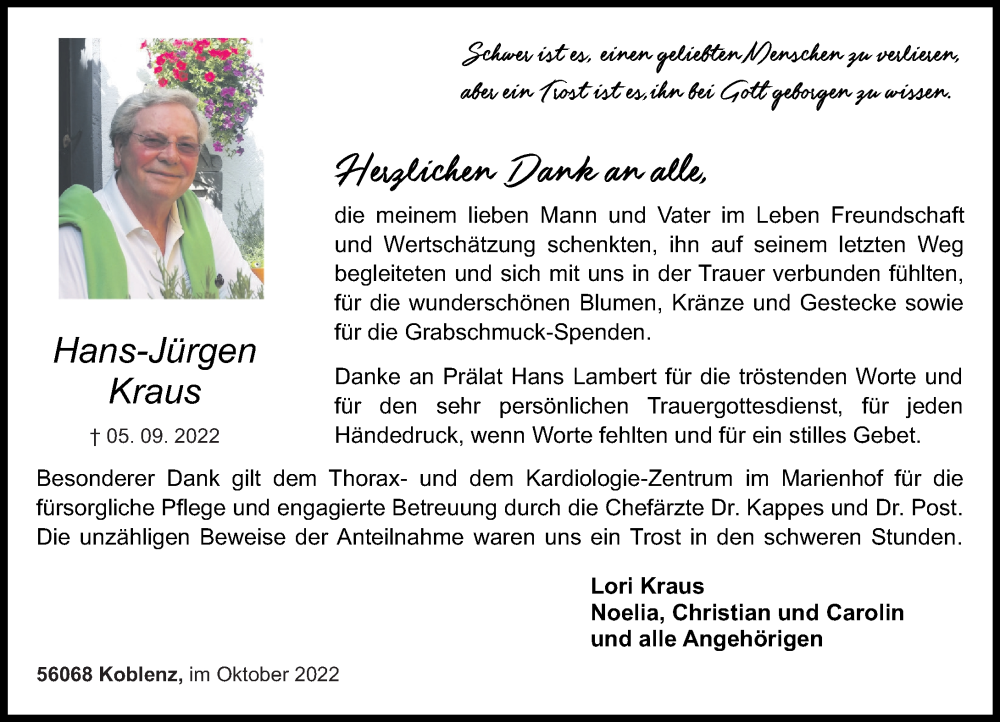  Traueranzeige für Hans-Jürgen Kraus vom 22.10.2022 aus Rhein-Zeitung, Rhein-Lahn-Zeitung