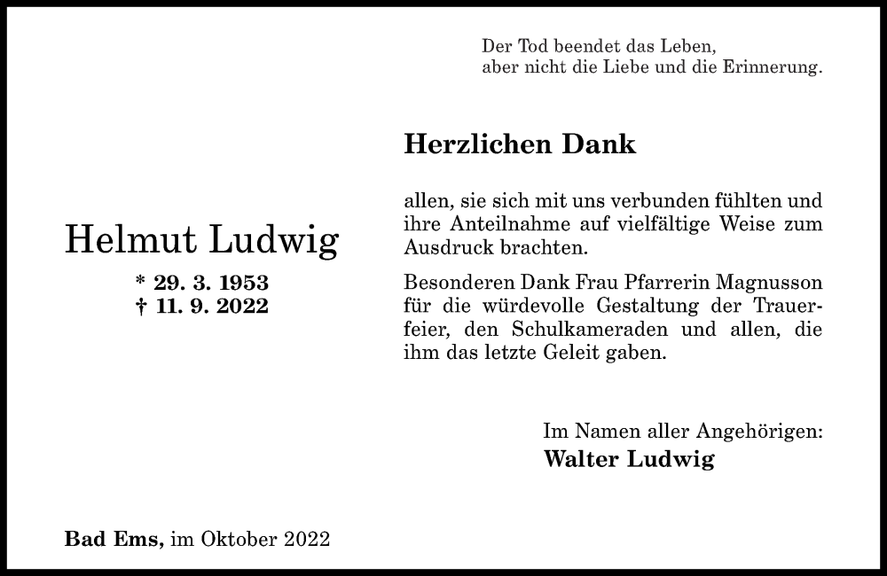  Traueranzeige für Helmut Ludwig vom 15.10.2022 aus Rhein-Lahn-Zeitung