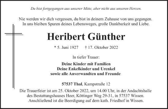 Traueranzeige von Heribert Günther von Rhein-Zeitung