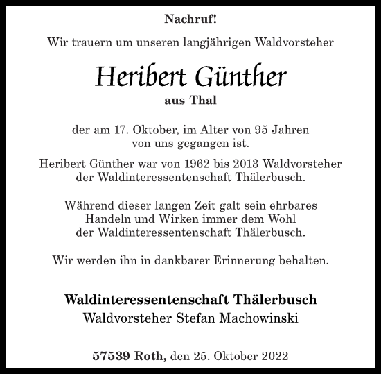 Traueranzeige von Heribert Günther von Rhein-Zeitung
