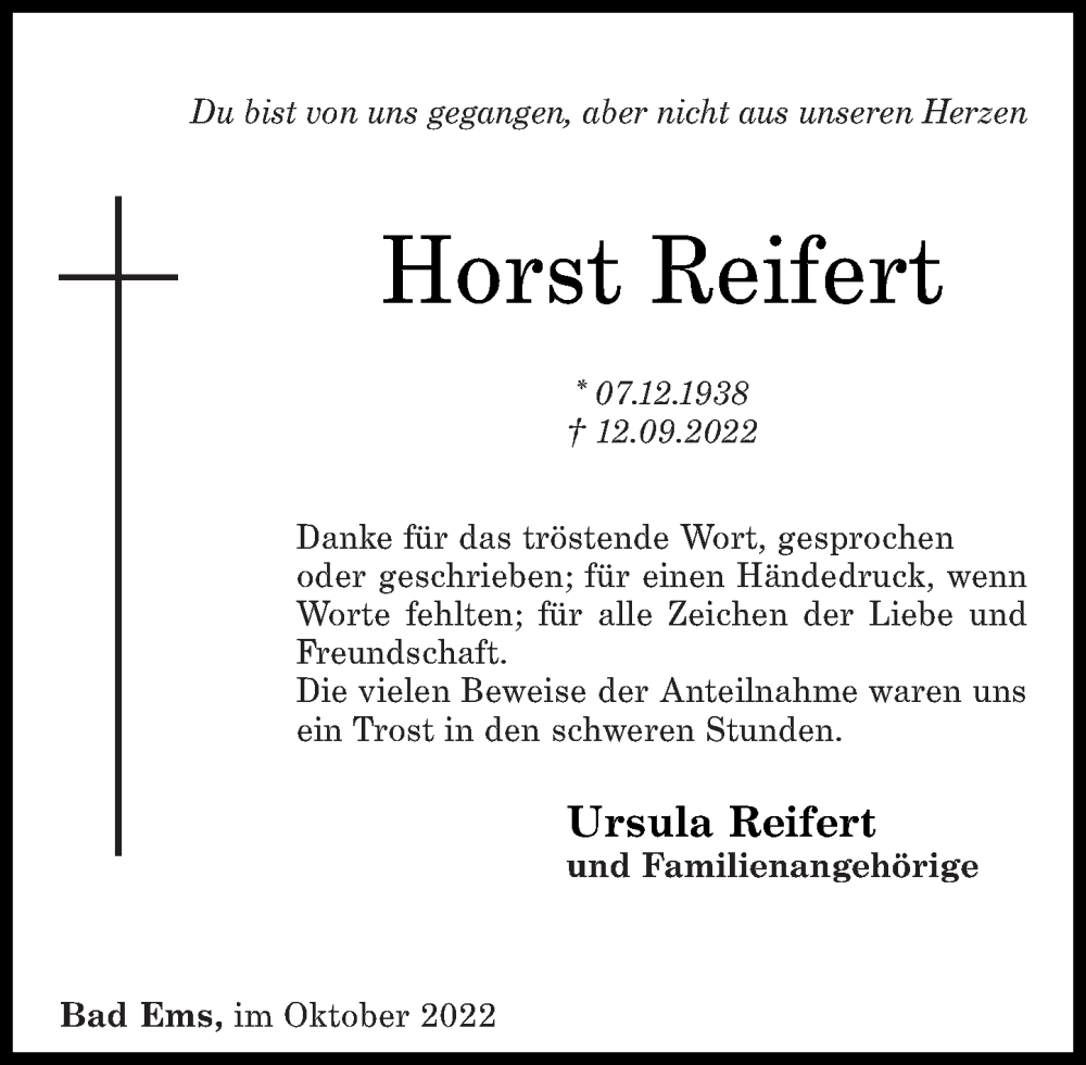  Traueranzeige für Horst Reifert vom 15.10.2022 aus Rhein-Lahn-Zeitung