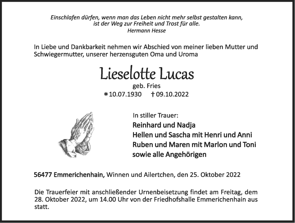  Traueranzeige für Lieselotte Lucas vom 25.10.2022 aus Westerwälder Zeitung