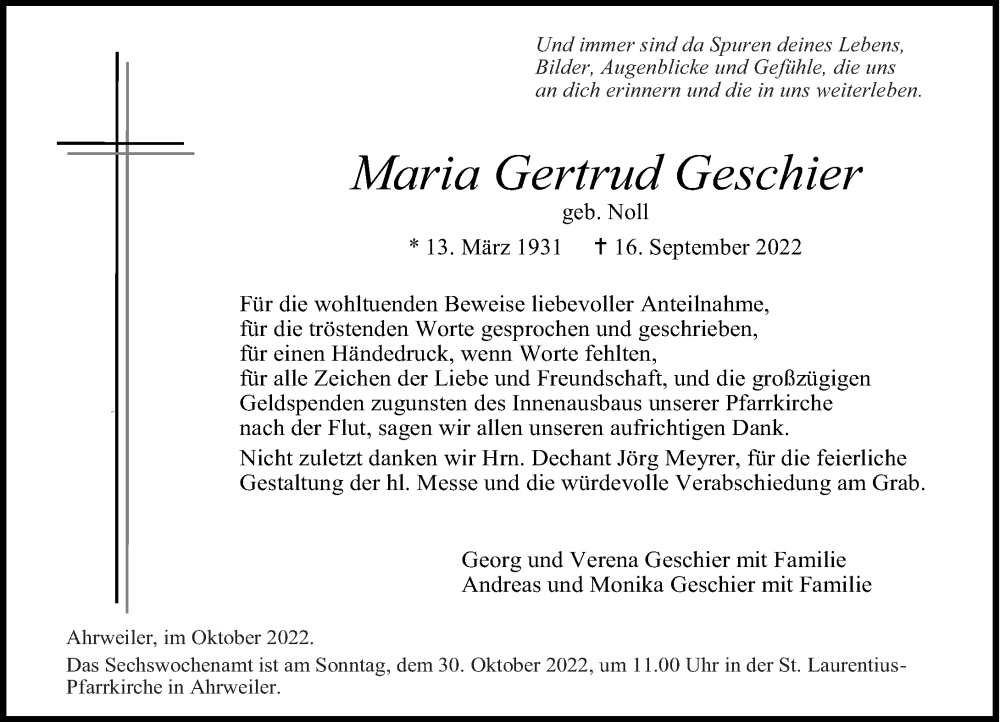  Traueranzeige für Maria Gertrud Geschier vom 21.10.2022 aus Rhein-Zeitung