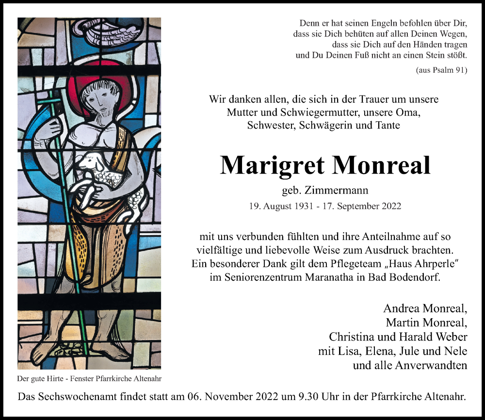  Traueranzeige für Marigret Monreal vom 26.10.2022 aus Rhein-Zeitung