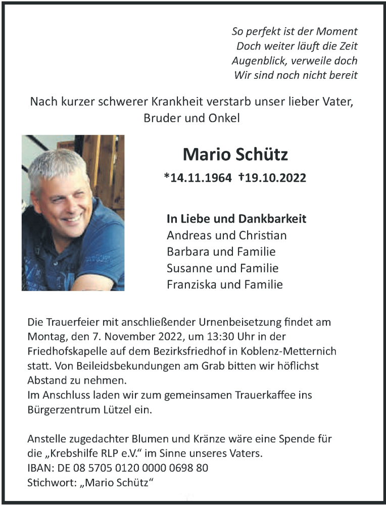  Traueranzeige für Mario Schütz vom 29.10.2022 aus Rhein-Zeitung