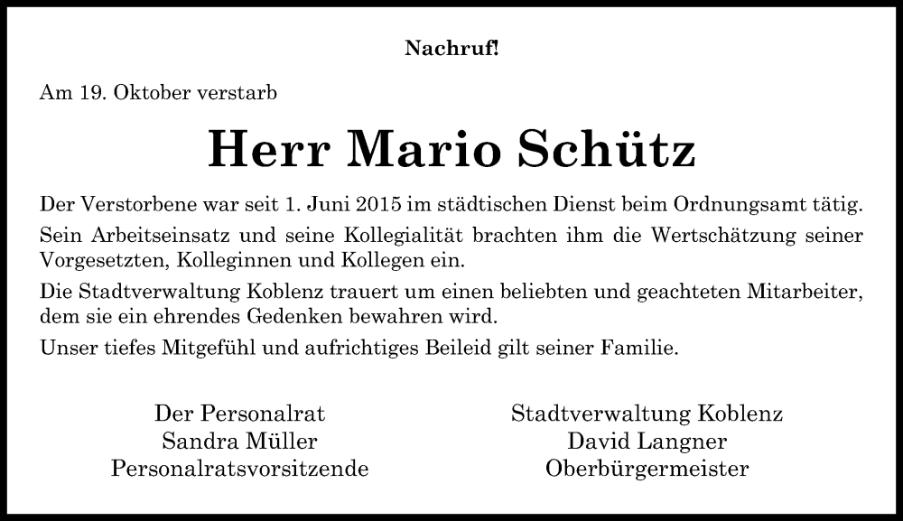  Traueranzeige für Mario Schütz vom 29.10.2022 aus Rhein-Zeitung