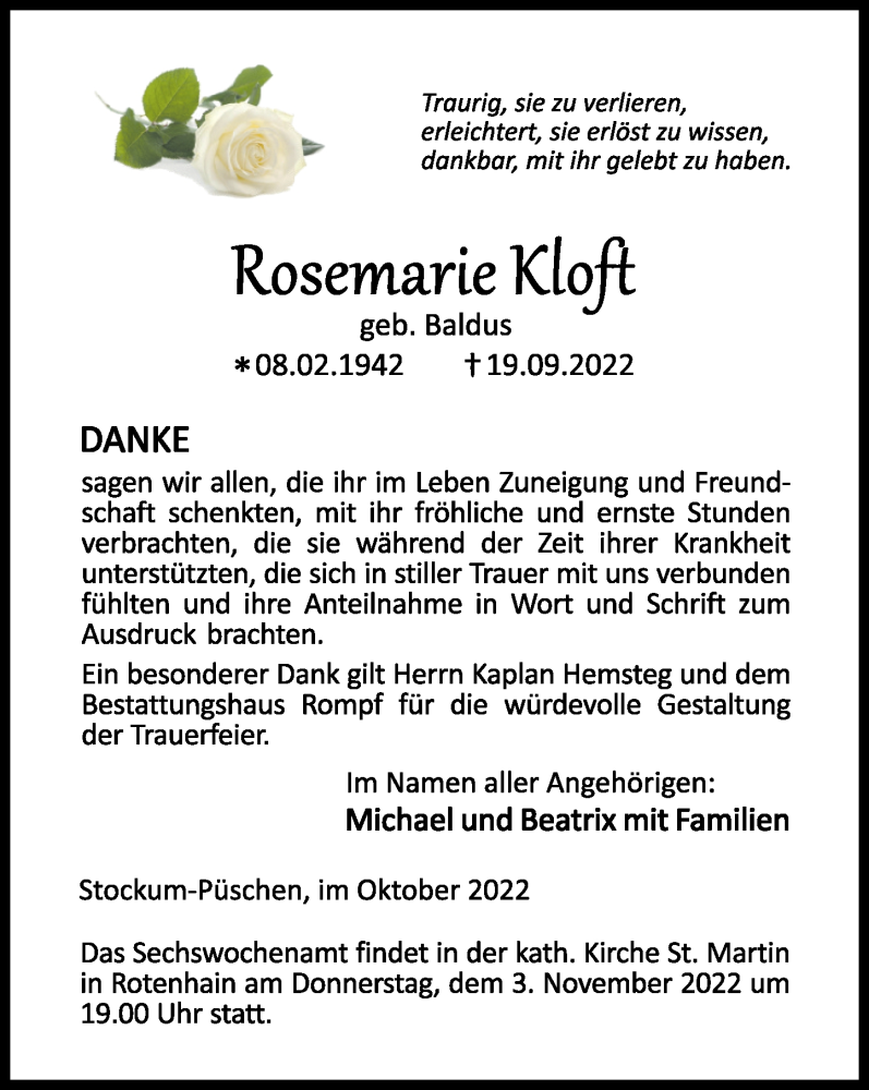 Traueranzeige für Rosemarie Kloft vom 29.10.2022 aus Westerwälder Zeitung