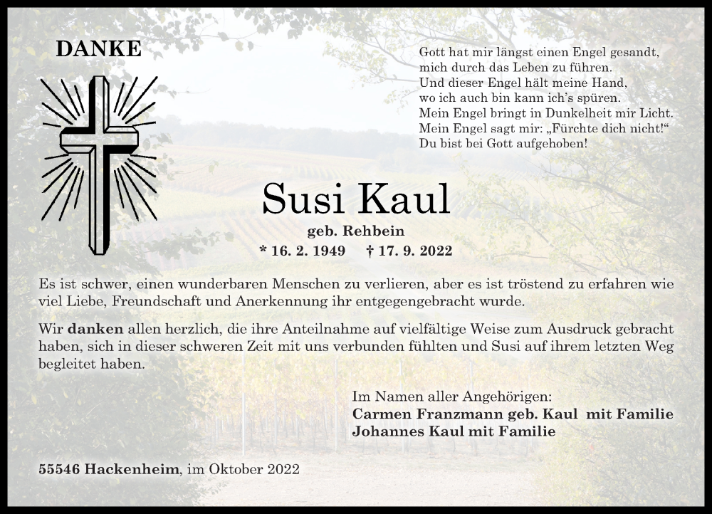  Traueranzeige für Susi Kaul vom 29.10.2022 aus Oeffentlicher Anzeiger