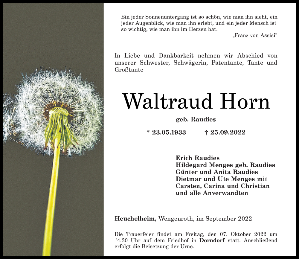  Traueranzeige für Waltraud Horn vom 01.10.2022 aus Westerwälder Zeitung