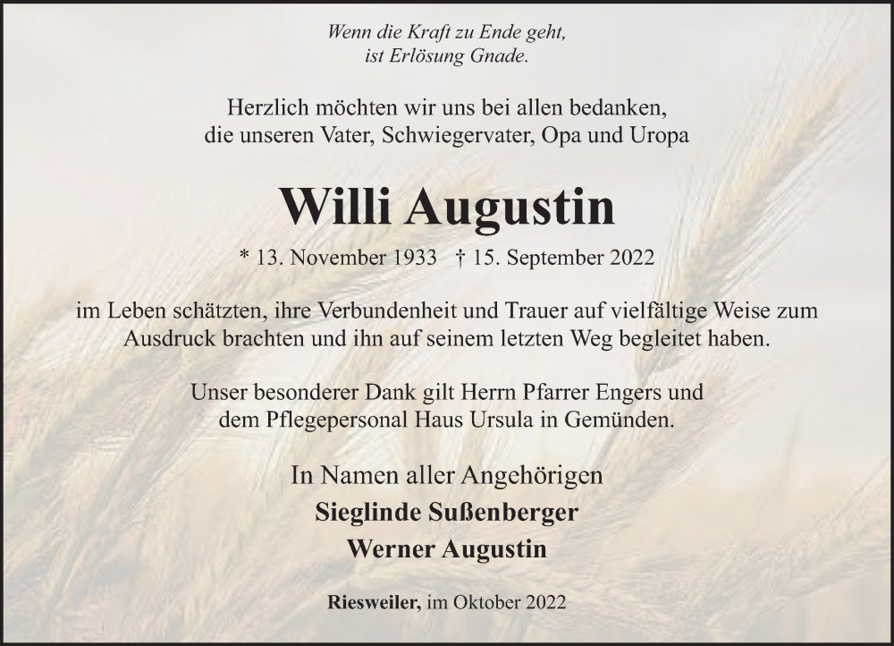  Traueranzeige für Willi Augustin vom 22.10.2022 aus Rhein-Hunsrück-Zeitung