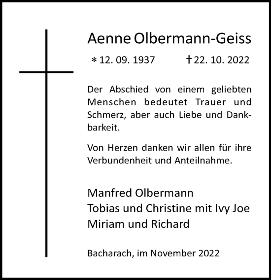 Traueranzeige von Aenne Olbermann-Geiss von Rhein-Hunsrück-Zeitung