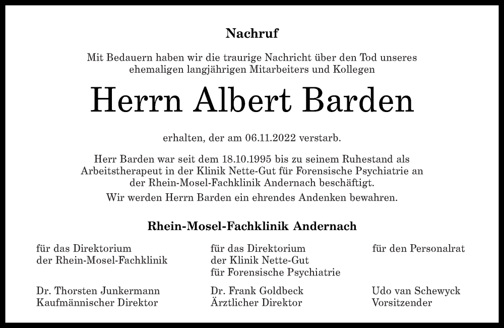 Traueranzeige für Albert Barden vom 12.11.2022 aus Rhein-Hunsrück-Zeitung, Rhein-Zeitung